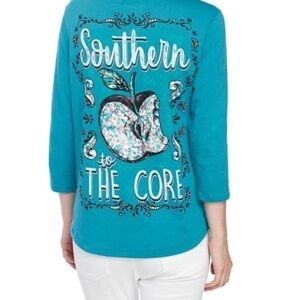 Kim Rogers Fiesta Graphic Tee Large Turquoise V Neck 3/4 Sleeve Casual Top